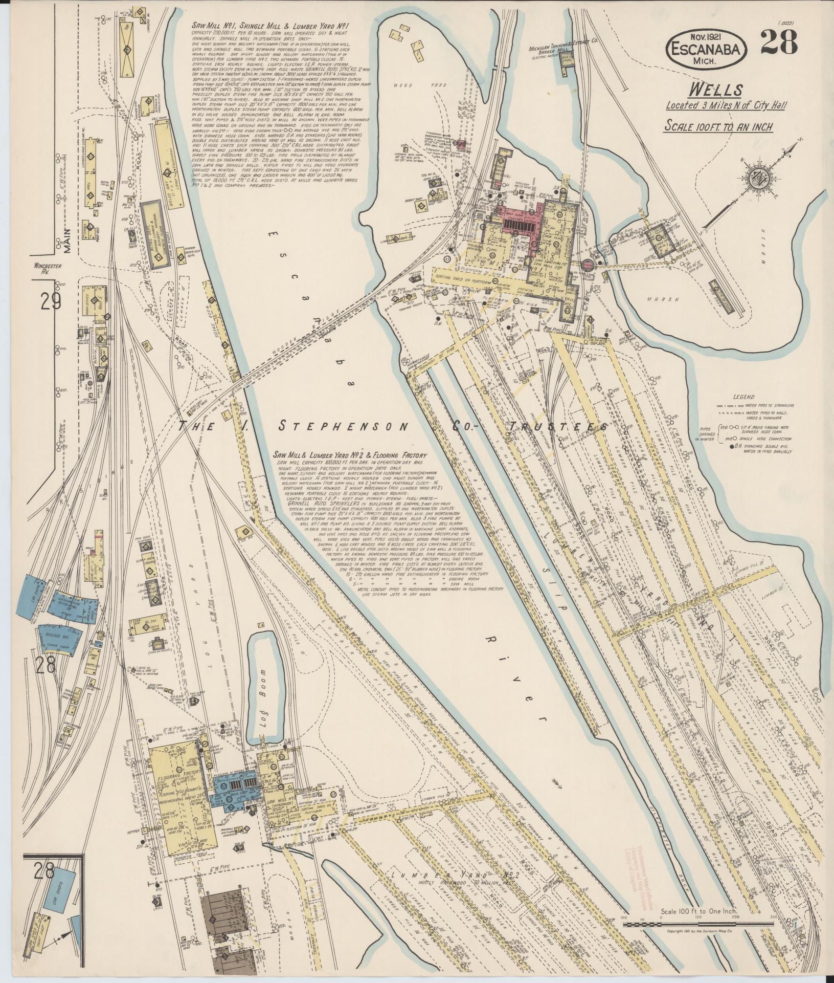 Sanborn Fire Insurance Map from Escanaba, Delta County, Michigan (1921), Sheet #0028 - Complete Map Set gallery image, historic Sanborn map, vintage wall art, Michigan Michigan