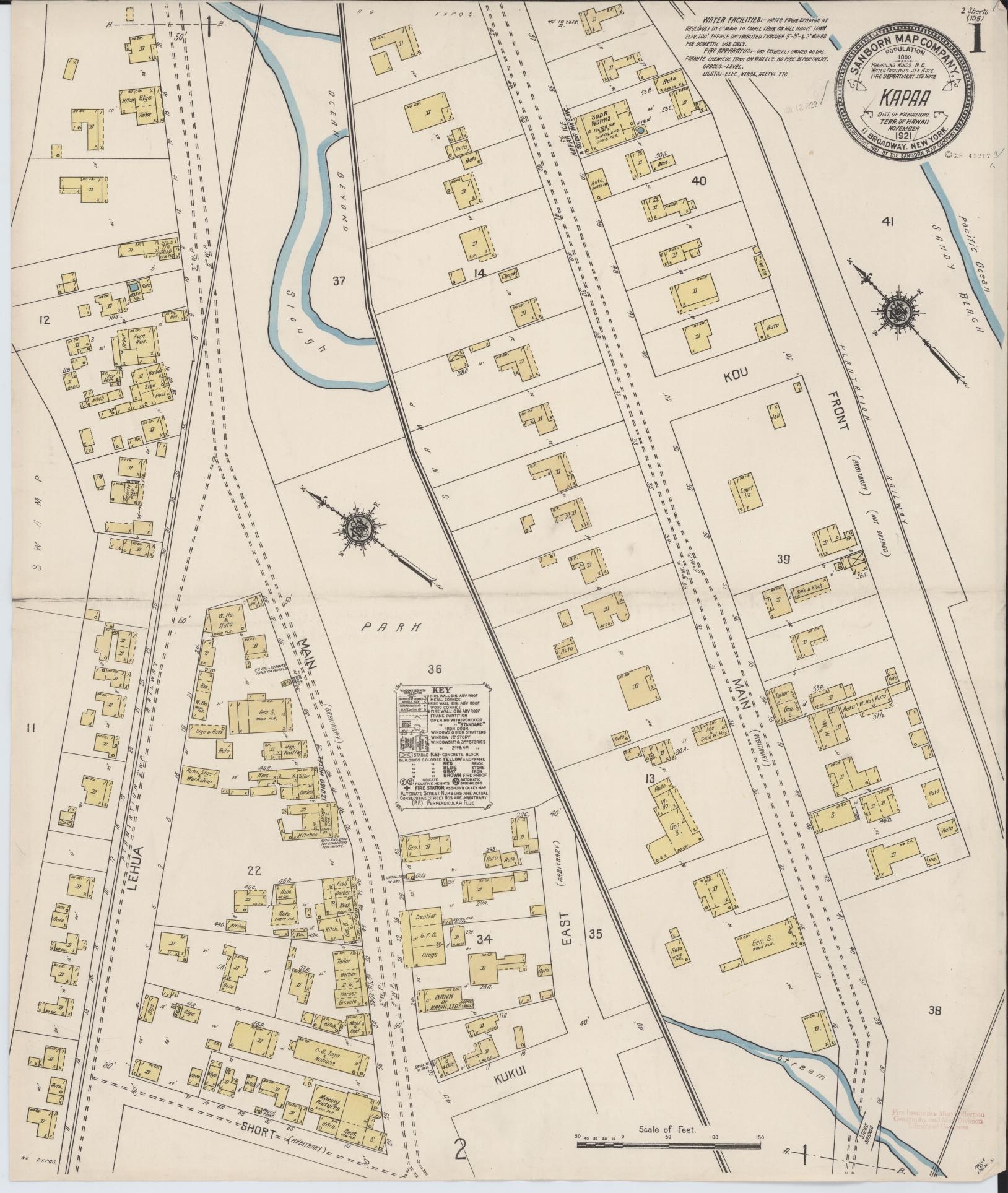 Sanborn Fire Insurance Map from Kapaa, Kauai County, Hawaii (1921), Sheet #0001 - Complete Map Set gallery image, historic Sanborn map, vintage wall art, Hawaii Hawaii