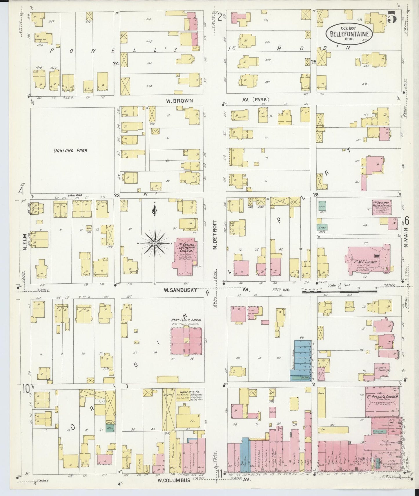 Sanborn Fire Insurance Map from Bellefontaine, Logan County, Ohio (1907), Sheet #0005 - Historic Sanborn Fire Insurance Map Print, vintage old map wall art, antique decor, genealogy gift, Ohio Ohio map