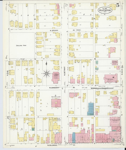Sanborn Fire Insurance Map from Bellefontaine, Logan County, Ohio (1907), Sheet #0005 - Historic Sanborn Fire Insurance Map Print, vintage old map wall art, antique decor, genealogy gift, Ohio Ohio map