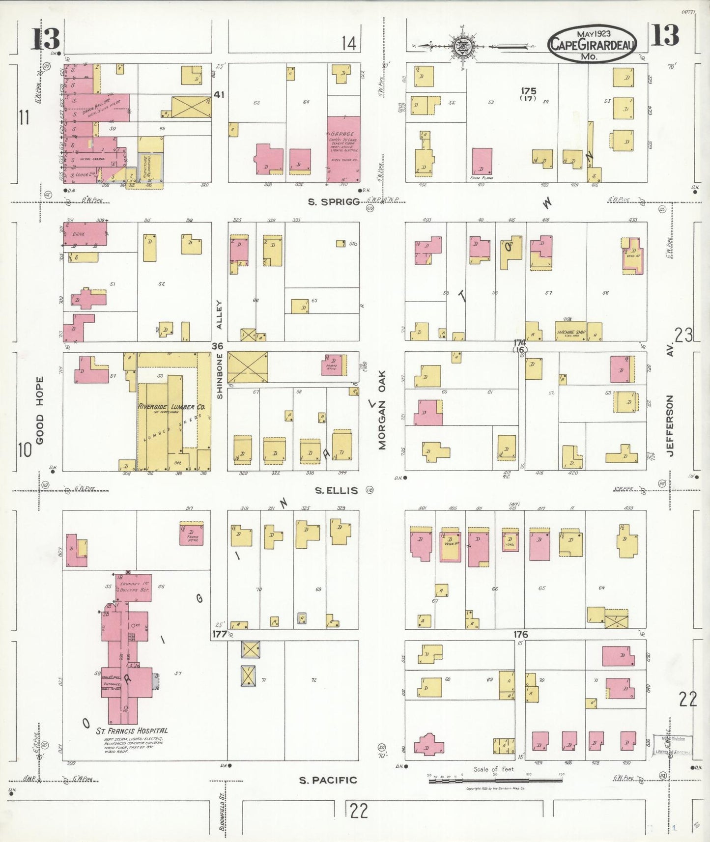 Sanborn Fire Insurance Map from Cape Girardeau, Cape Girardeau County, Missouri (1923), Sheet #0013 - Complete Map Set gallery image, historic Sanborn map, vintage wall art, Missouri Missouri
