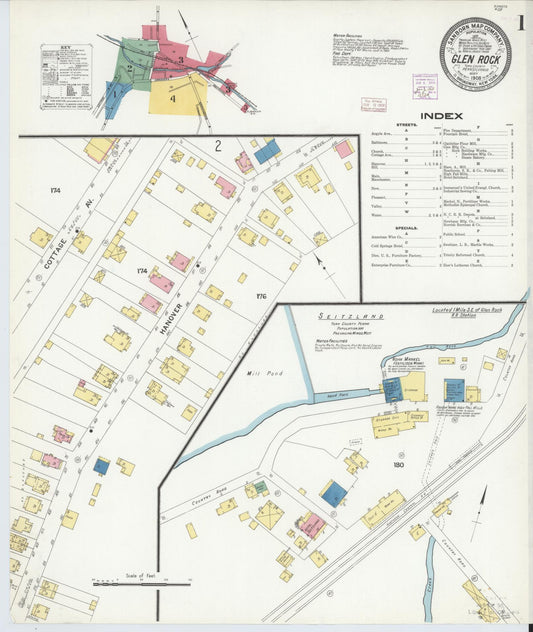 Sanborn Fire Insurance Map from Glen Rock, York County, Pennsylvania (1908), Sheet #0001 - Historic Sanborn Fire Insurance Map Print, vintage old map wall art, antique decor, genealogy gift, Pennsylvania Pennsylvania map