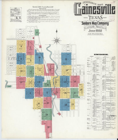 Sanborn Fire Insurance Map from Gainesville, Cooke County, Texas (1908), Sheet #0001 - Historic Sanborn Fire Insurance Map Print, vintage old map wall art, antique decor, genealogy gift, Texas Texas map