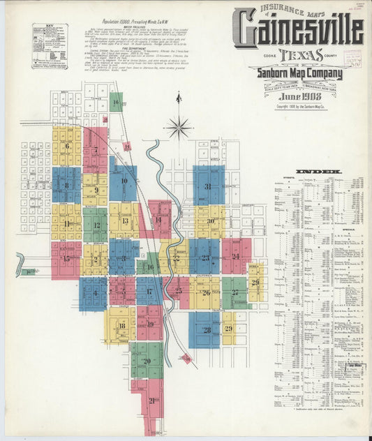Sanborn Fire Insurance Map from Gainesville, Cooke County, Texas (1908), Sheet #0001 - Historic Sanborn Fire Insurance Map Print, vintage old map wall art, antique decor, genealogy gift, Texas Texas map
