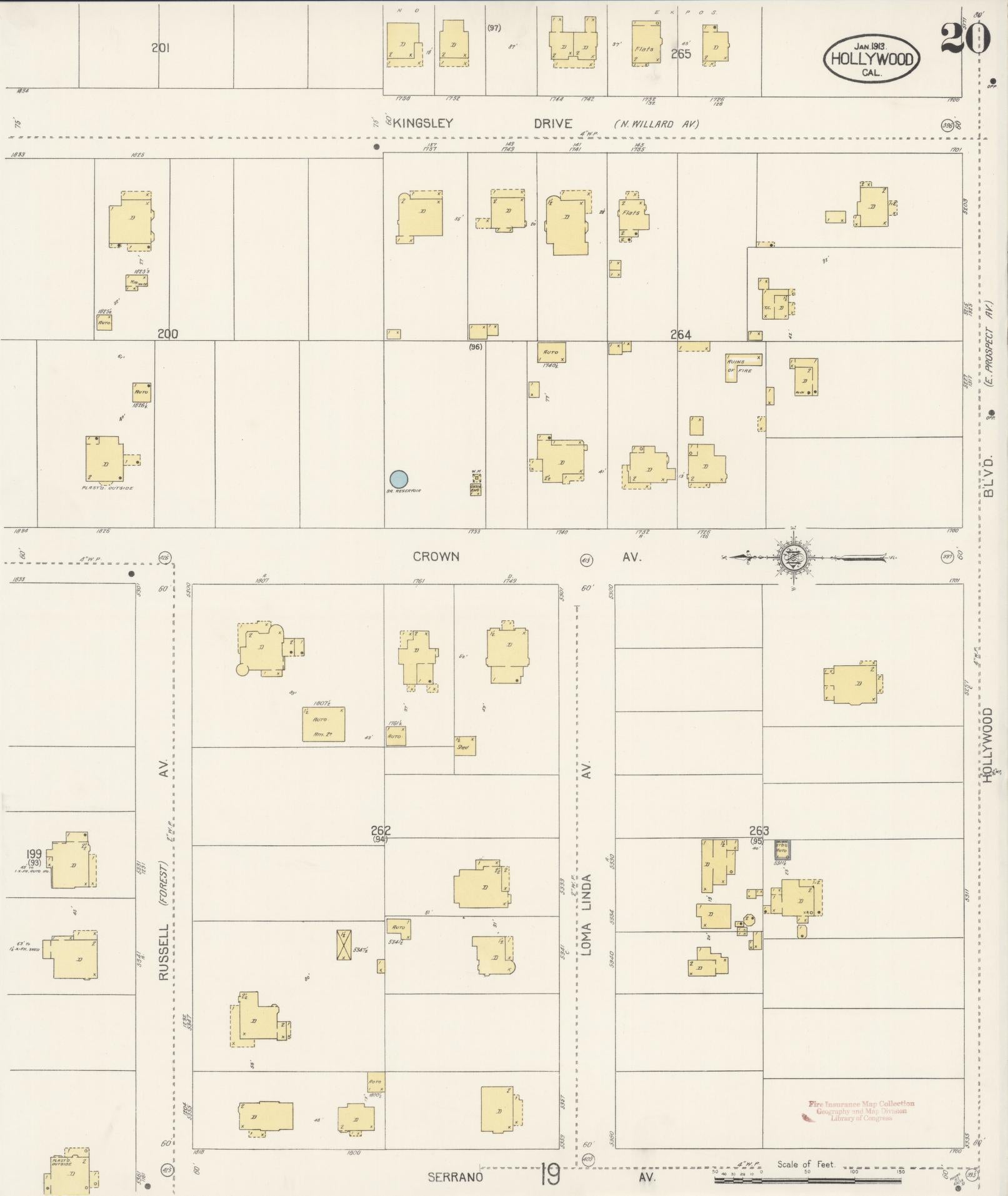 Sanborn Fire Insurance Map from Hollywood, Los Angeles County, California (1913), Sheet #0020 - Historic Sanborn Fire Insurance Map Print, vintage old map wall art, antique decor, genealogy gift, California California map