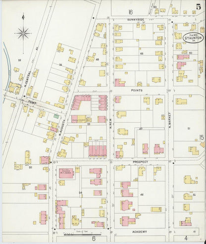 Sanborn Fire Insurance Map from Staunton, Independent Cities, Virginia (1899), Sheet #0005 - Historic Sanborn Fire Insurance Map Print, vintage old map wall art, antique decor, genealogy gift, Virginia Virginia map