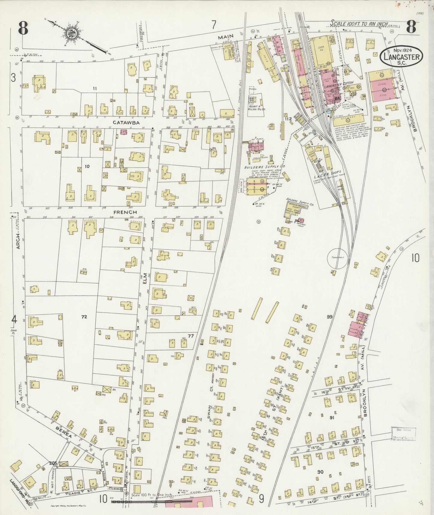Sanborn Fire Insurance Map from Lancaster, Lancaster County, South Carolina (1924), Sheet #0008 - Complete Map Set gallery image, historic Sanborn map, vintage wall art, South Carolina South Carolina
