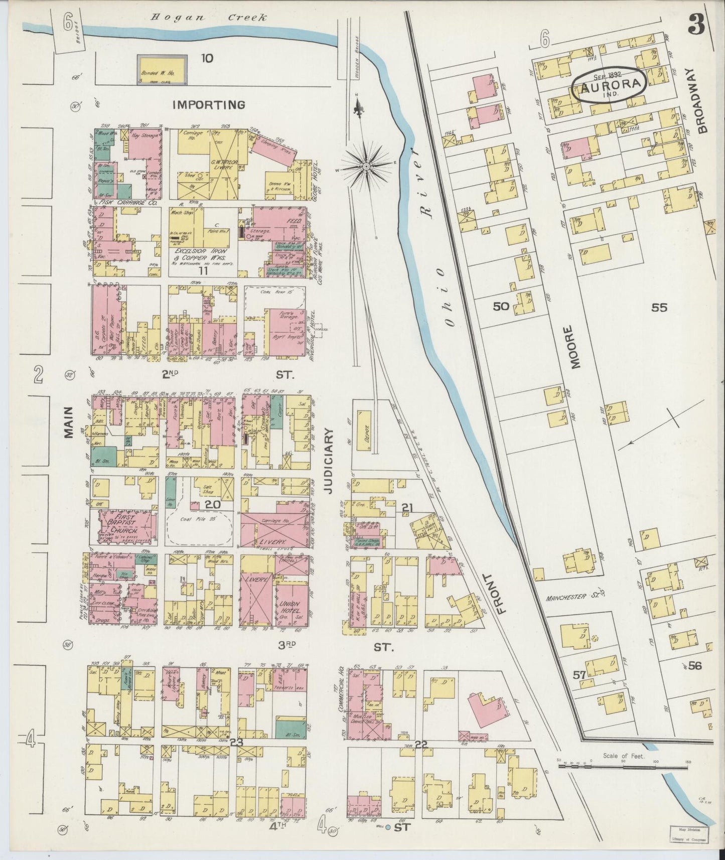 Sanborn Fire Insurance Map from Aurora, Dearborn County, Indiana (1892), Sheet #0003 - Complete Map Set gallery image, historic Sanborn map, vintage wall art, Indiana Indiana