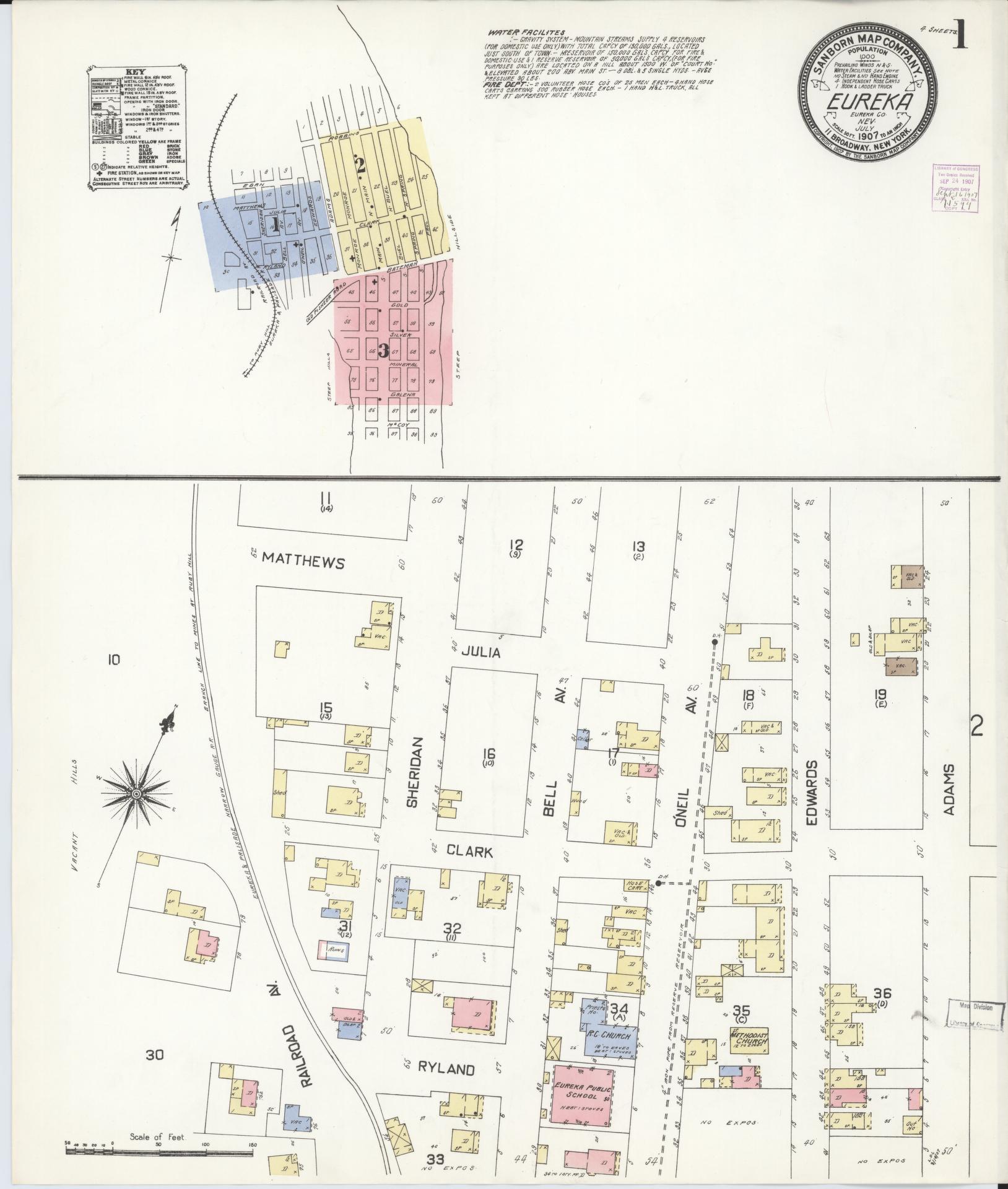 Sanborn Fire Insurance Map from Eureka, Eureka County, Nevada (1907), Sheet #0001 - Complete Map Set gallery image, historic Sanborn map, vintage wall art, Nevada Nevada