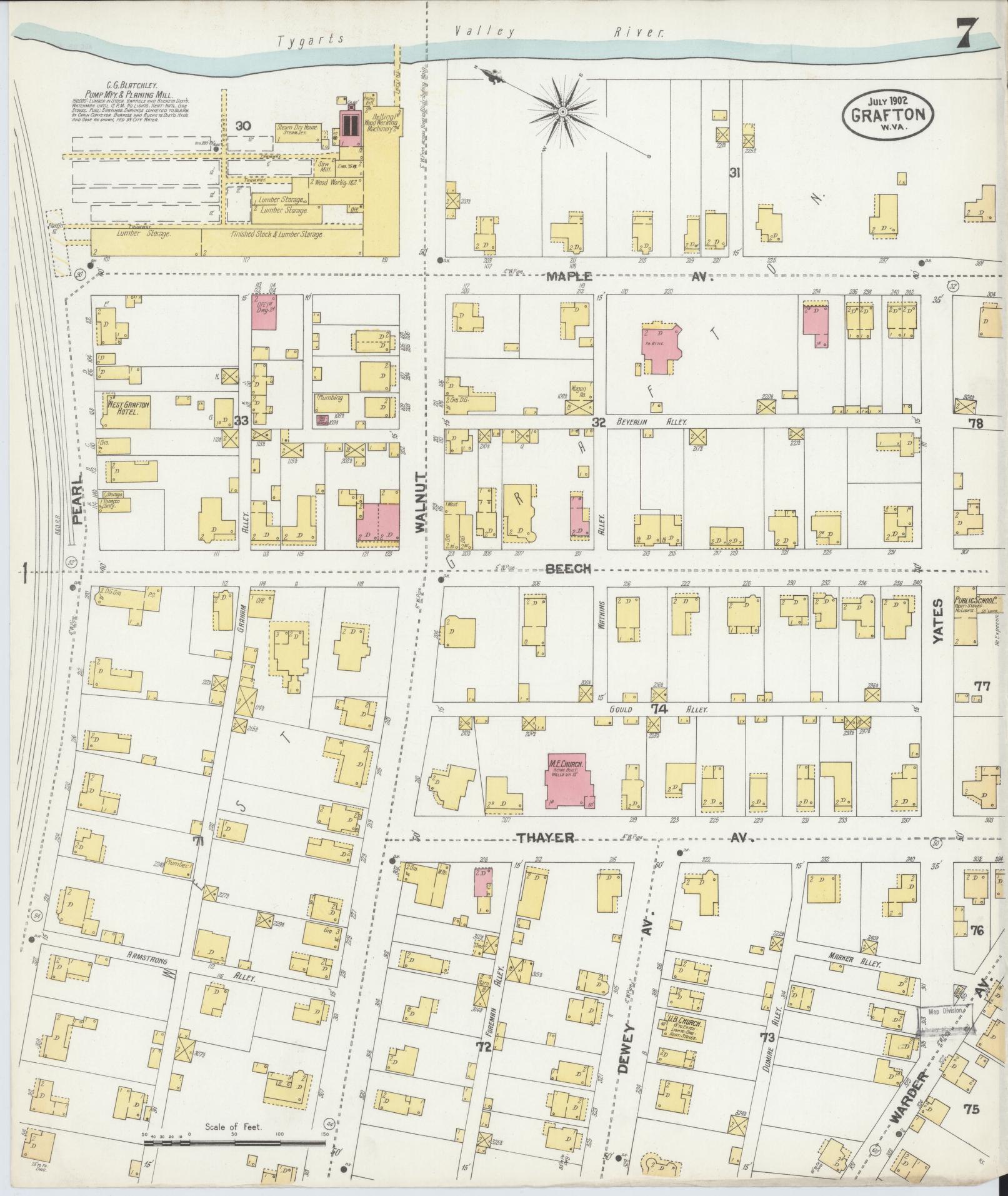 Sanborn Fire Insurance Map from Grafton, Taylor County, West Virginia (1902), Sheet #0007 - Complete Map Set gallery image, historic Sanborn map, vintage wall art, West Virginia West Virginia