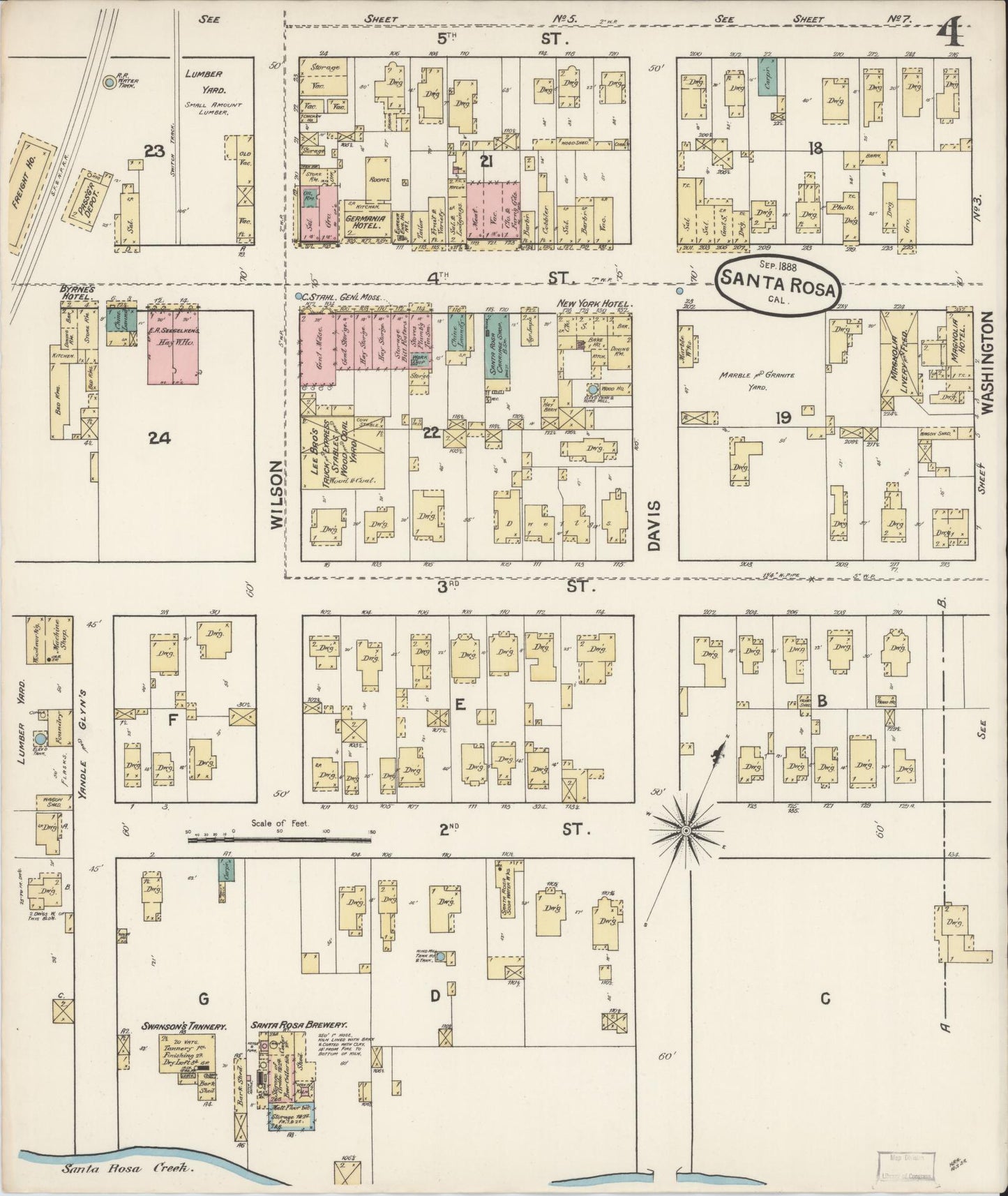 Sanborn Fire Insurance Map from Santa Rosa, Sonoma County, California (1888), Sheet #0004 - Complete Map Set gallery image, historic Sanborn map, vintage wall art, California California