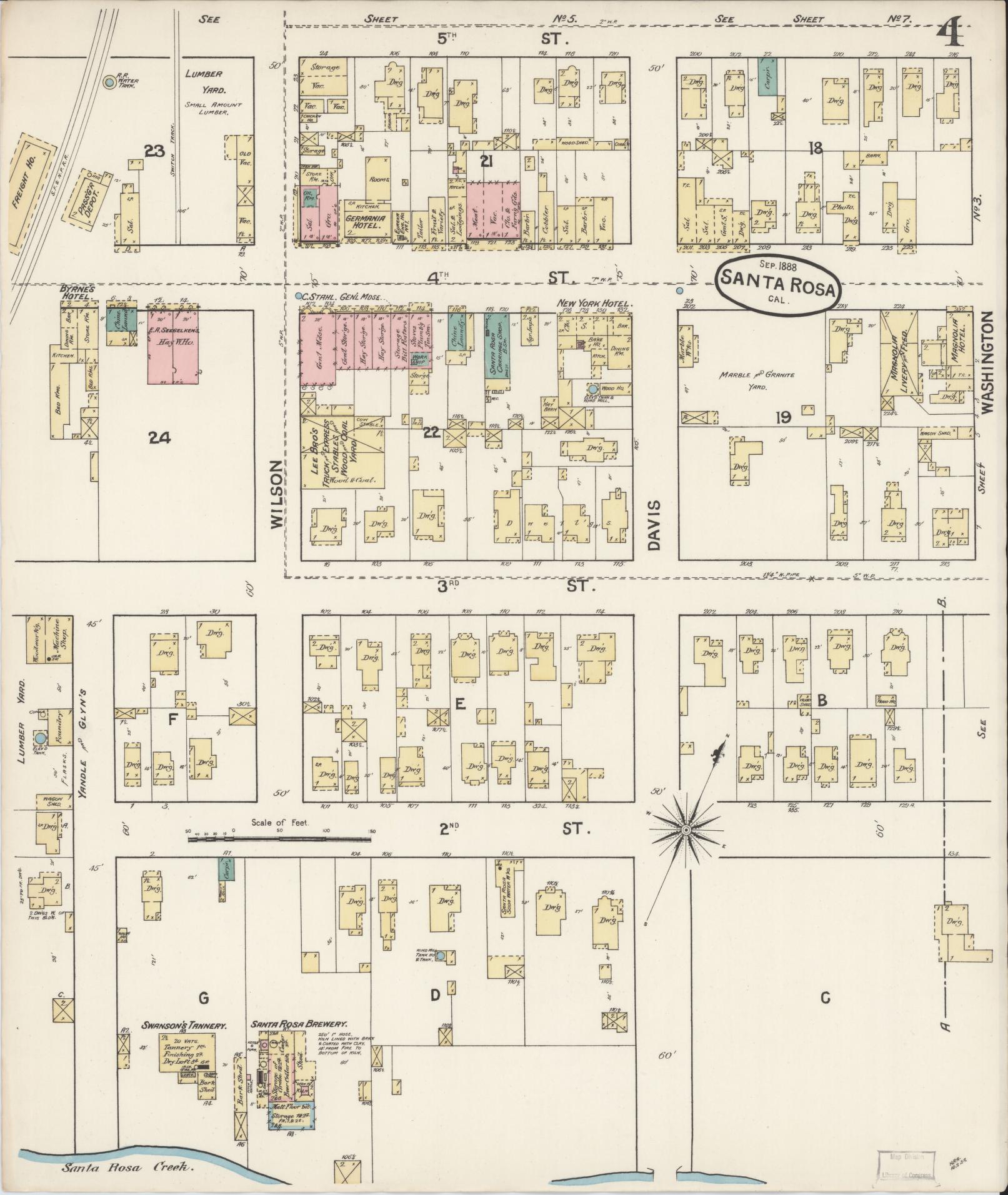 Sanborn Fire Insurance Map from Santa Rosa, Sonoma County, California (1888), Sheet #0004 - Complete Map Set gallery image, historic Sanborn map, vintage wall art, California California