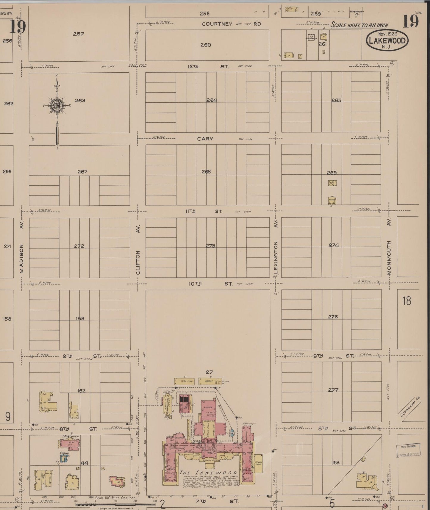 Sanborn Fire Insurance Map from Lakewood, Ocean County, New Jersey (1922), Sheet #0019 - Historic Sanborn Fire Insurance Map Print, vintage old map wall art, antique decor, genealogy gift, New Jersey New Jersey map