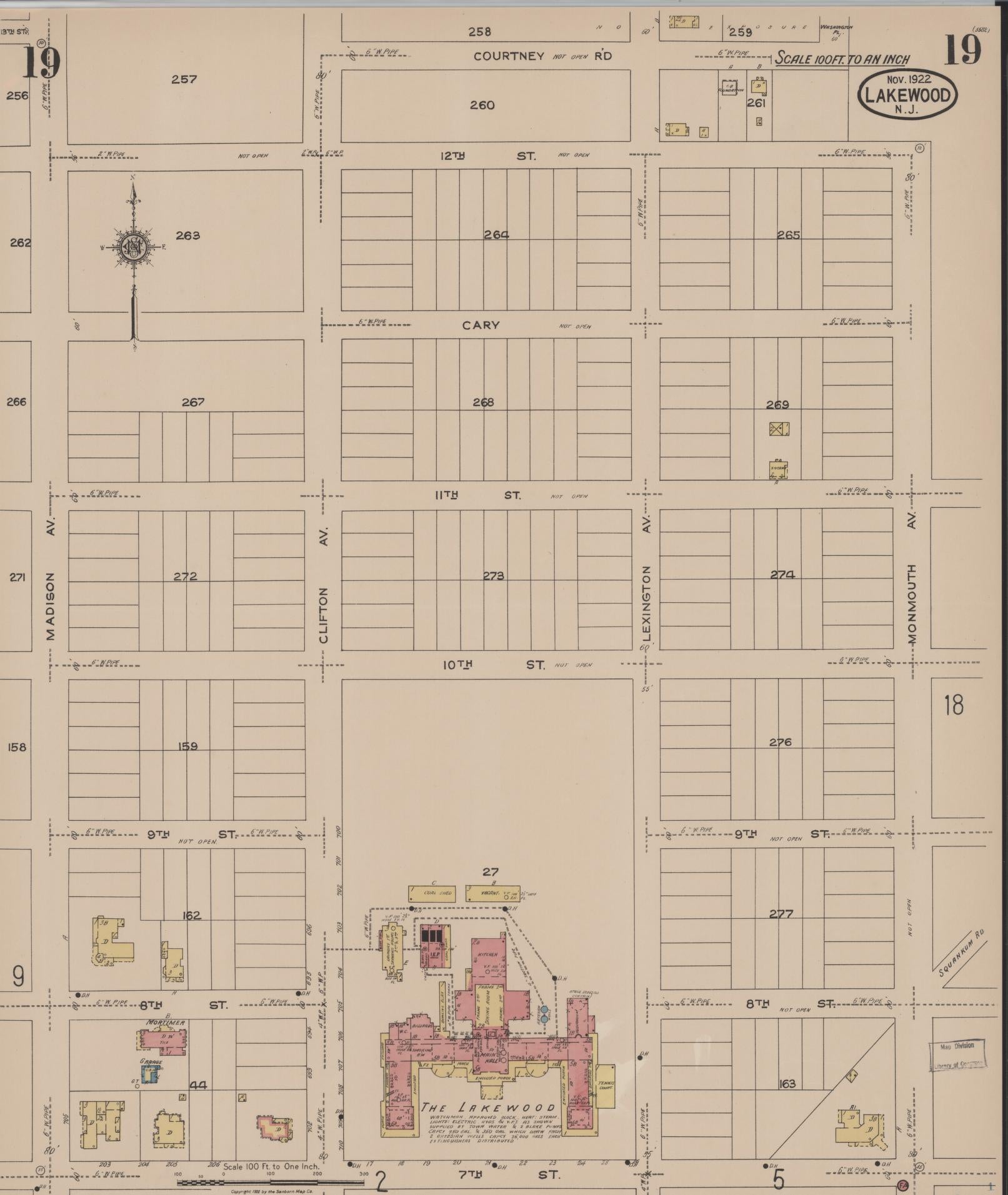 Sanborn Fire Insurance Map from Lakewood, Ocean County, New Jersey (1922), Sheet #0019 - Historic Sanborn Fire Insurance Map Print, vintage old map wall art, antique decor, genealogy gift, New Jersey New Jersey map