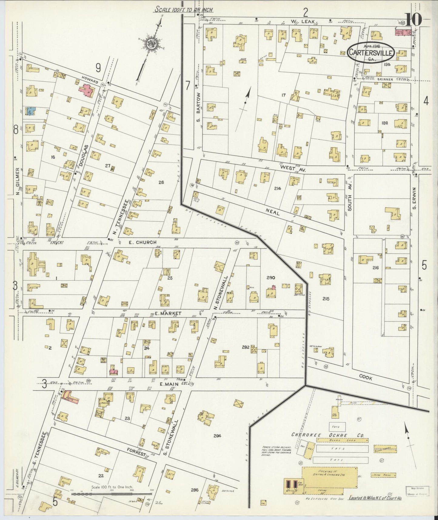 Sanborn Fire Insurance Map from Cartersville, Bartow County, Georgia (1916), Sheet #0010 - Historic Sanborn Fire Insurance Map Print, vintage old map wall art, antique decor, genealogy gift, Georgia Georgia map