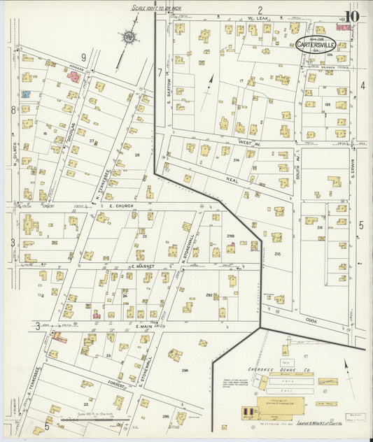 Sanborn Fire Insurance Map from Cartersville, Bartow County, Georgia (1916), Sheet #0010 - Historic Sanborn Fire Insurance Map Print, vintage old map wall art, antique decor, genealogy gift, Georgia Georgia map