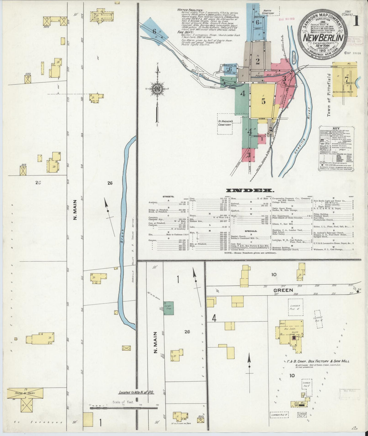 Sanborn Fire Insurance Map from New Berlin, Chenango County, New York (1910), Sheet #0001 - Complete Map Set gallery image, historic Sanborn map, vintage wall art, New York New York