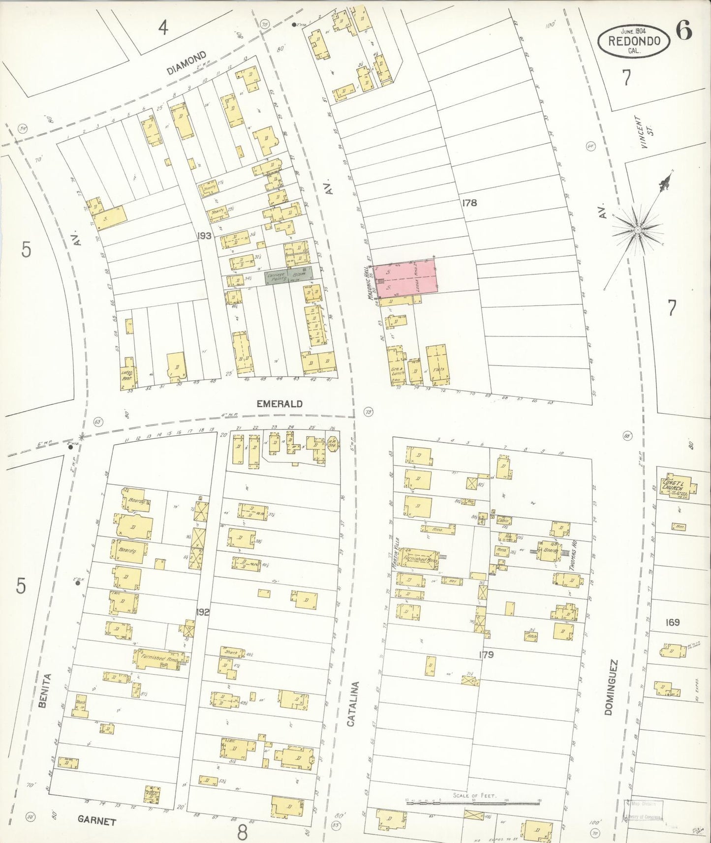 Sanborn Fire Insurance Map from Redondo Beach, Los Angeles County, California (1904), Sheet #0006 - Complete Map Set gallery image, historic Sanborn map, vintage wall art, California California