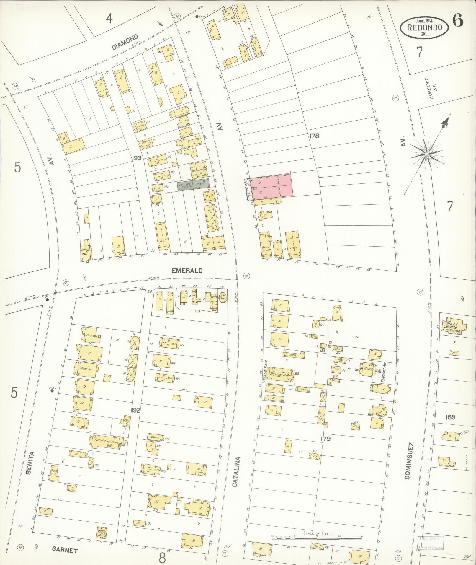 Sanborn Fire Insurance Map from Redondo Beach, Los Angeles County, California (1904), Sheet #0006 - Complete Map Set gallery image, historic Sanborn map, vintage wall art, California California