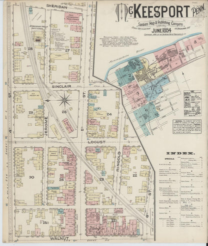 Sanborn Fire Insurance Map from McKeesport, Allegheny County, Pennsylvania (1884), Sheet #0001 - Historic Sanborn Fire Insurance Map Print, vintage old map wall art, antique decor, genealogy gift, Pennsylvania Pennsylvania map