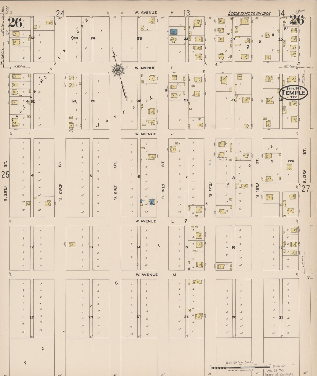 Sanborn Fire Insurance Map from Temple, Bell County, Texas (1922), Sheet #0026 - Historic Sanborn Fire Insurance Map Print, vintage old map wall art, antique decor, genealogy gift, Texas Texas map