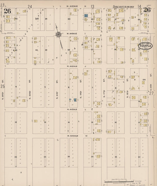 Sanborn Fire Insurance Map from Temple, Bell County, Texas (1922), Sheet #0026 - Historic Sanborn Fire Insurance Map Print, vintage old map wall art, antique decor, genealogy gift, Texas Texas map