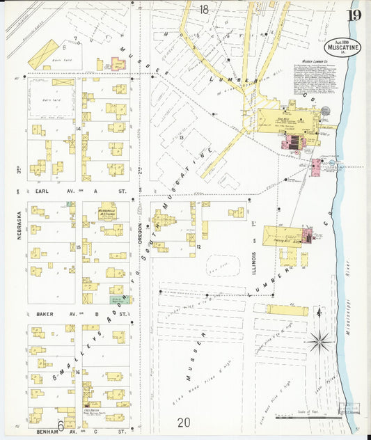 Sanborn Fire Insurance Map from Muscatine, Muscatine County, Iowa (1899), Sheet #0019 - Historic Sanborn Fire Insurance Map Print, vintage old map wall art