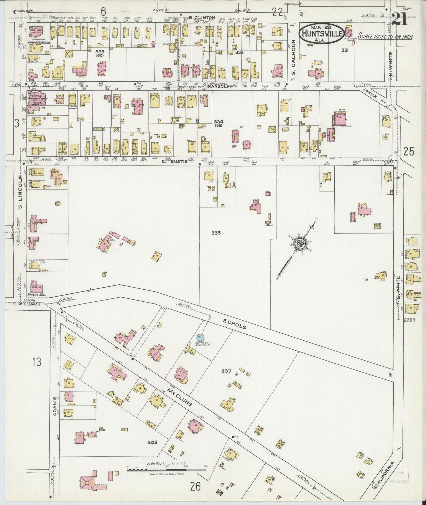 Sanborn Fire Insurance Map from Huntsville, Madison County, Alabama (1921), Sheet #0021 - Complete Map Set gallery image, historic Sanborn map, vintage wall art, Alabama Alabama
