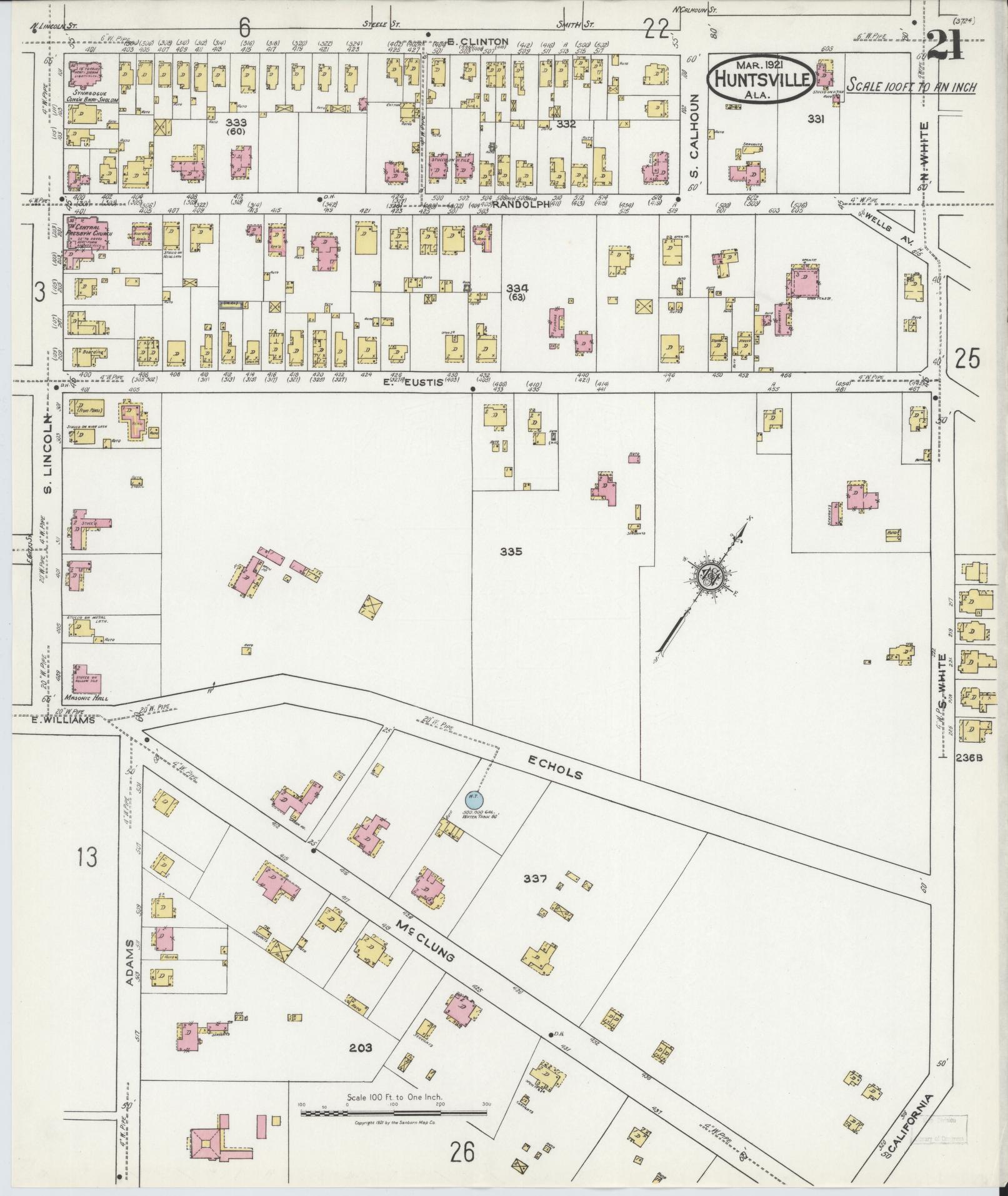 Sanborn Fire Insurance Map from Huntsville, Madison County, Alabama (1921), Sheet #0021 - Complete Map Set gallery image, historic Sanborn map, vintage wall art, Alabama Alabama