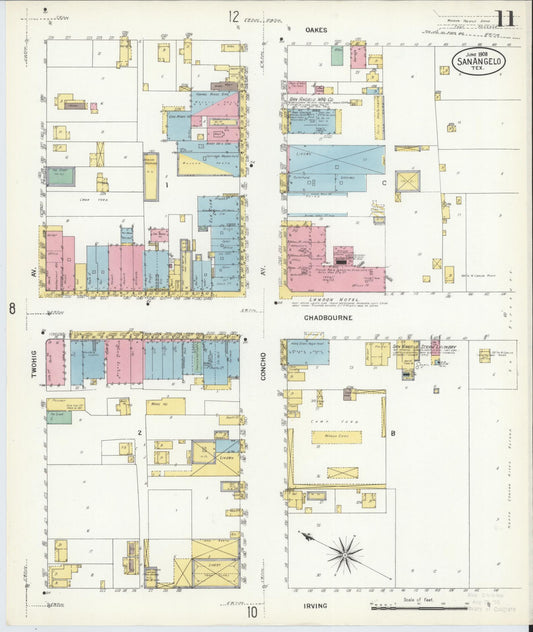 Sanborn Fire Insurance Map from San Angelo, Tom Green County, Texas (1908), Sheet #0011 - Historic Sanborn Fire Insurance Map Print, vintage old map wall art, antique decor, genealogy gift, Texas Texas map