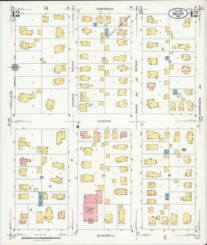 Sanborn Fire Insurance Map from Beloit, Rock County, Wisconsin (1926), Sheet #0012 - Historic Sanborn Fire Insurance Map Print, vintage old map wall art, antique decor, genealogy gift, Wisconsin Wisconsin map