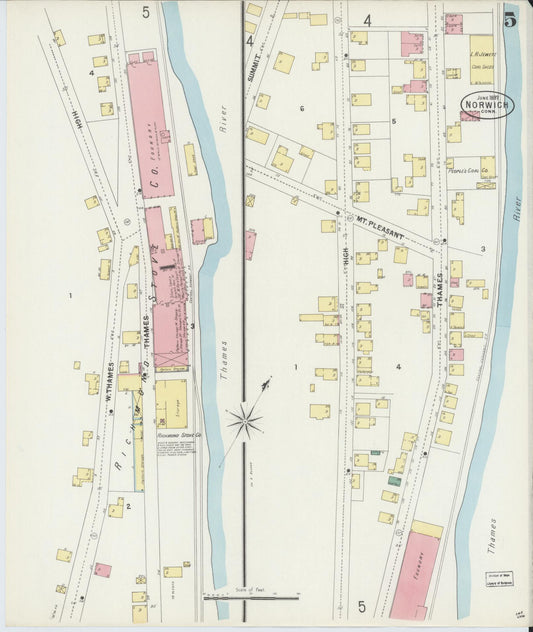 Sanborn Fire Insurance Map from Norwich, New London County, Connecticut (1897), Sheet #0005 - Historic Sanborn Fire Insurance Map Print, vintage old map wall art, antique decor, genealogy gift, Connecticut Connecticut map