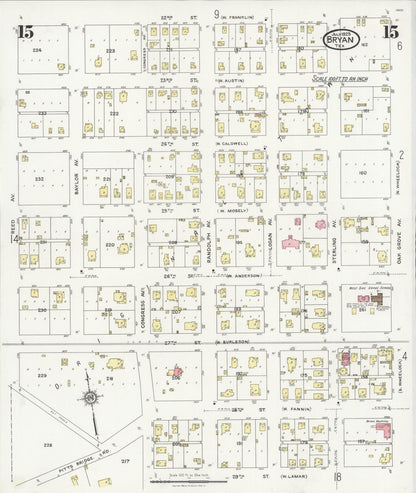 Sanborn Fire Insurance Map from Bryan, Brazos County, Texas (1925), Sheet #0015 - Historic Sanborn Fire Insurance Map Print, vintage old map wall art, antique decor, genealogy gift, Texas Texas map