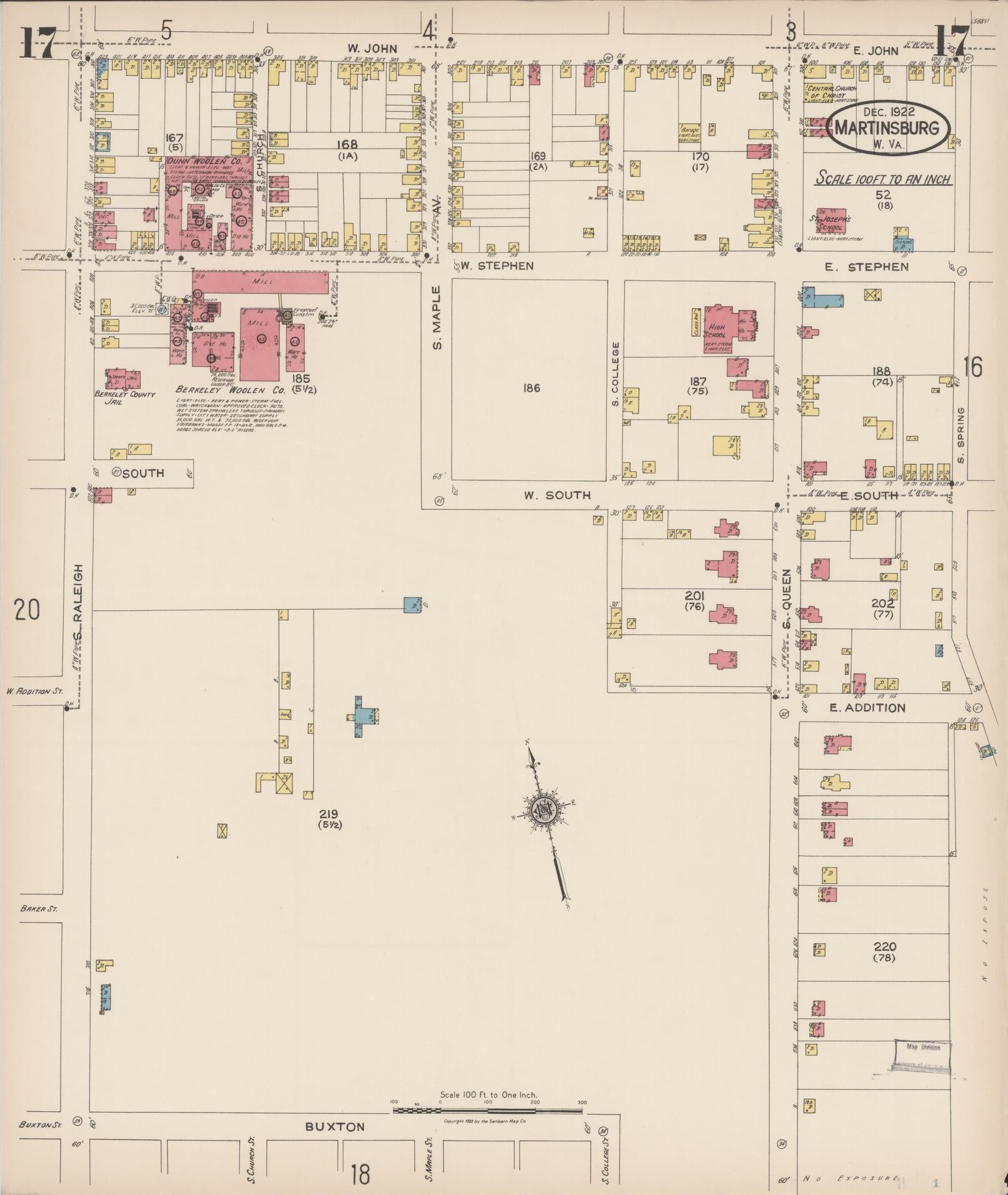 Sanborn Fire Insurance Map from Martinsburg, Berkeley County, West Virginia (1922), Sheet #0017 - Historic Sanborn Fire Insurance Map Print, vintage old map wall art, antique decor, genealogy gift, West Virginia West Virginia map