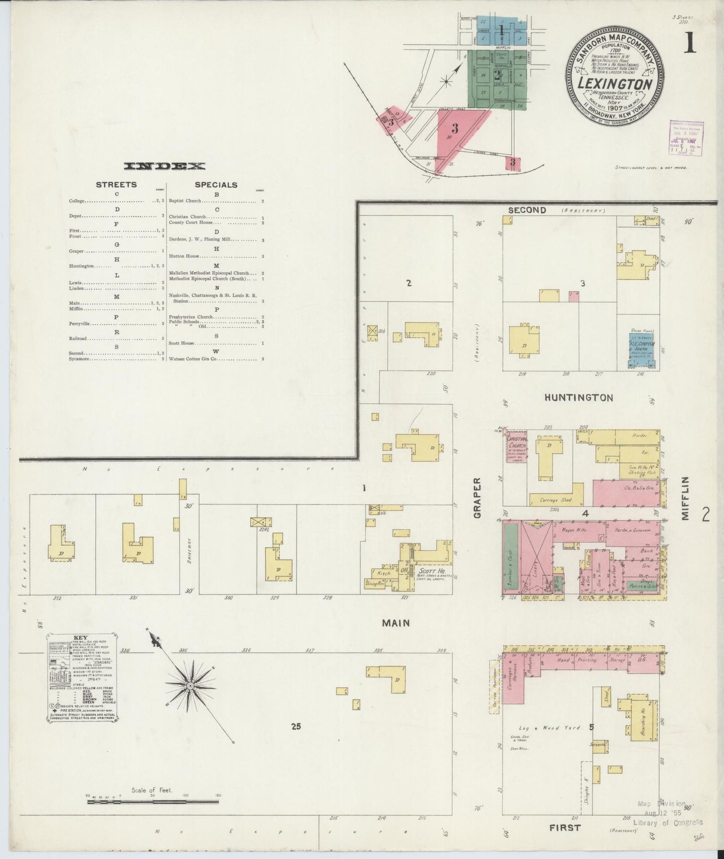 Sanborn Fire Insurance Map from Lexington, Henderson County, Tennessee (1907), Sheet #0001 - Historic Sanborn Fire Insurance Map Print, vintage old map wall art, antique decor, genealogy gift, Tennessee Tennessee map