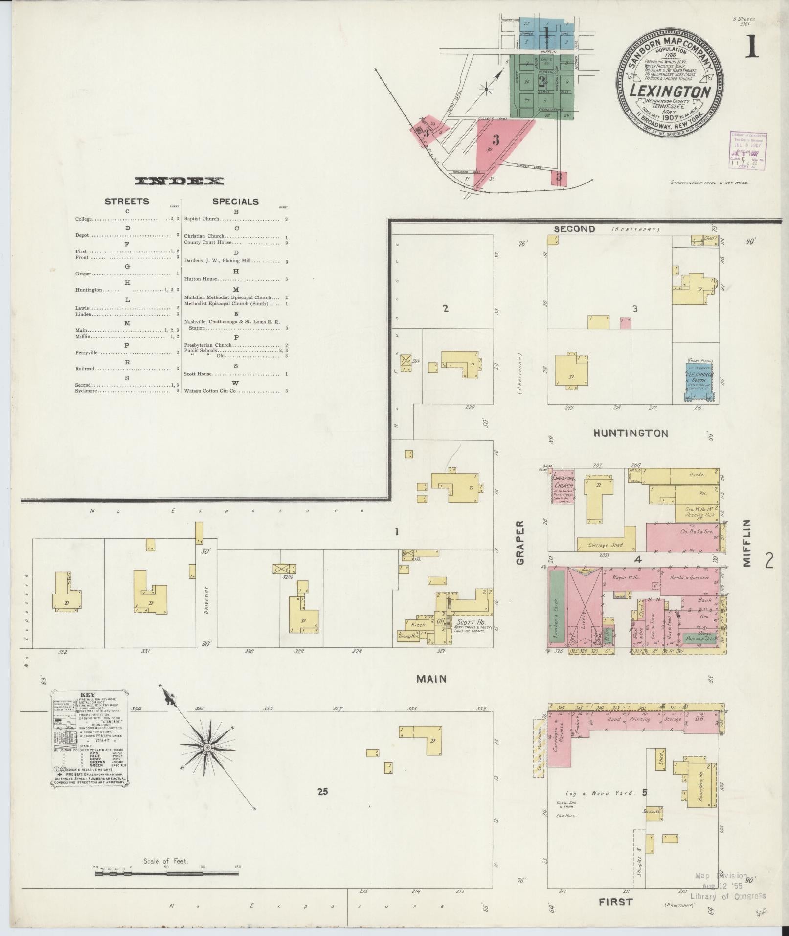 Sanborn Fire Insurance Map from Lexington, Henderson County, Tennessee (1907), Sheet #0001 - Historic Sanborn Fire Insurance Map Print, vintage old map wall art, antique decor, genealogy gift, Tennessee Tennessee map