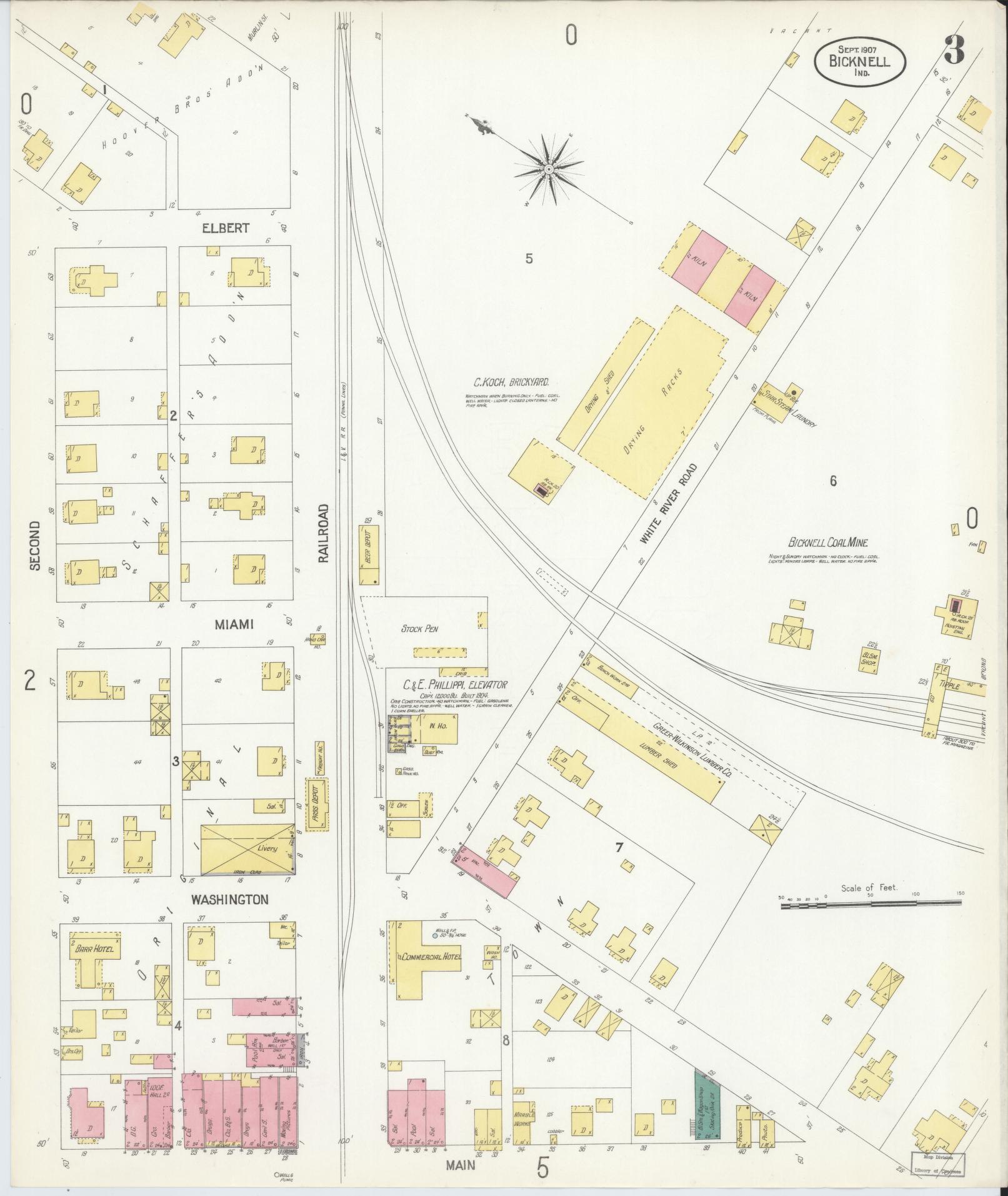 Sanborn Fire Insurance Map from Bicknell, Knox County, Indiana (1907), Sheet #0003 - Complete Map Set gallery image, historic Sanborn map, vintage wall art, Indiana Indiana