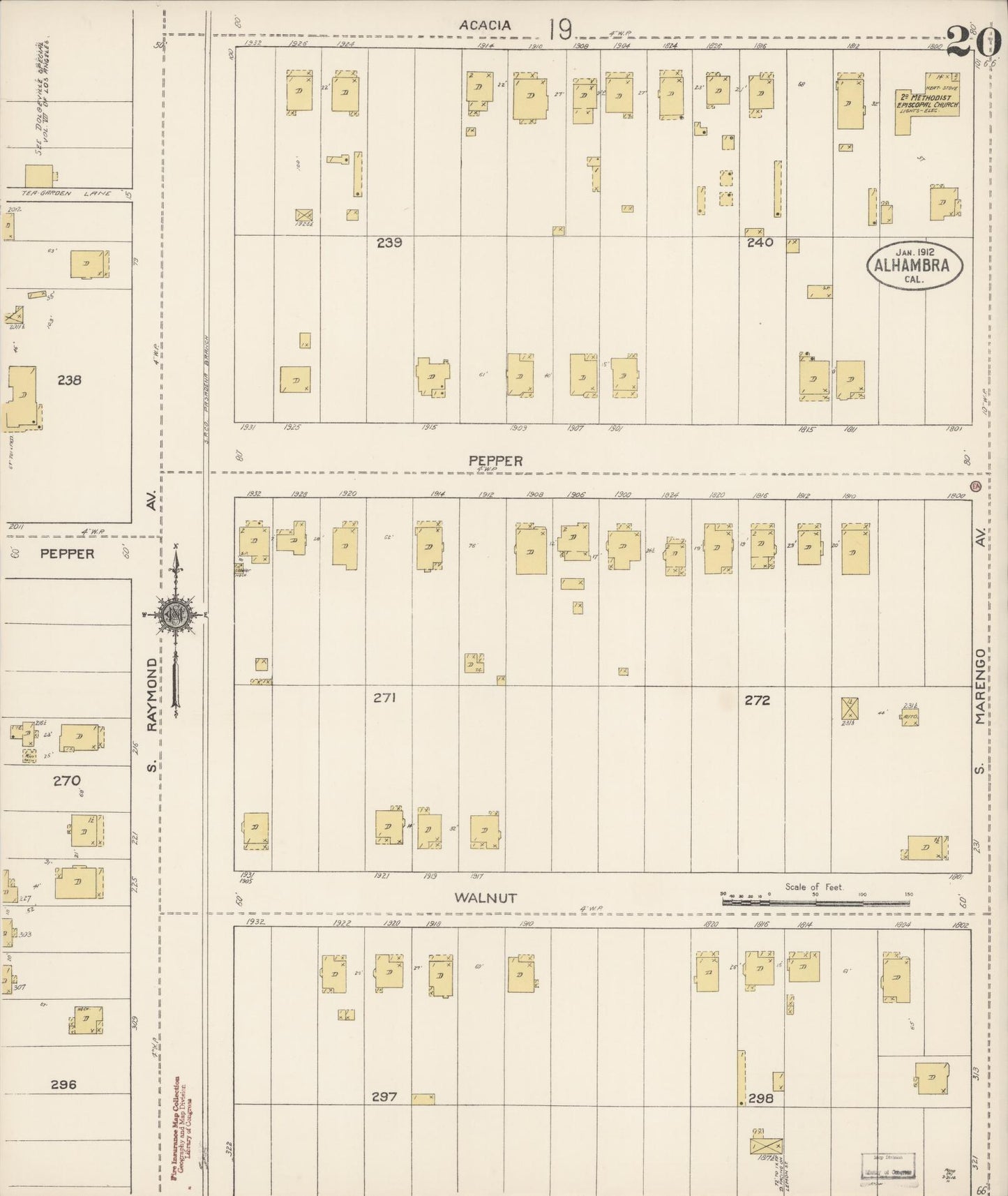 Sanborn Fire Insurance Map from Alhambra, Los Angeles County, California (1912), Sheet #0020 - Historic Sanborn Fire Insurance Map Print, vintage old map wall art, antique decor, genealogy gift, California California map