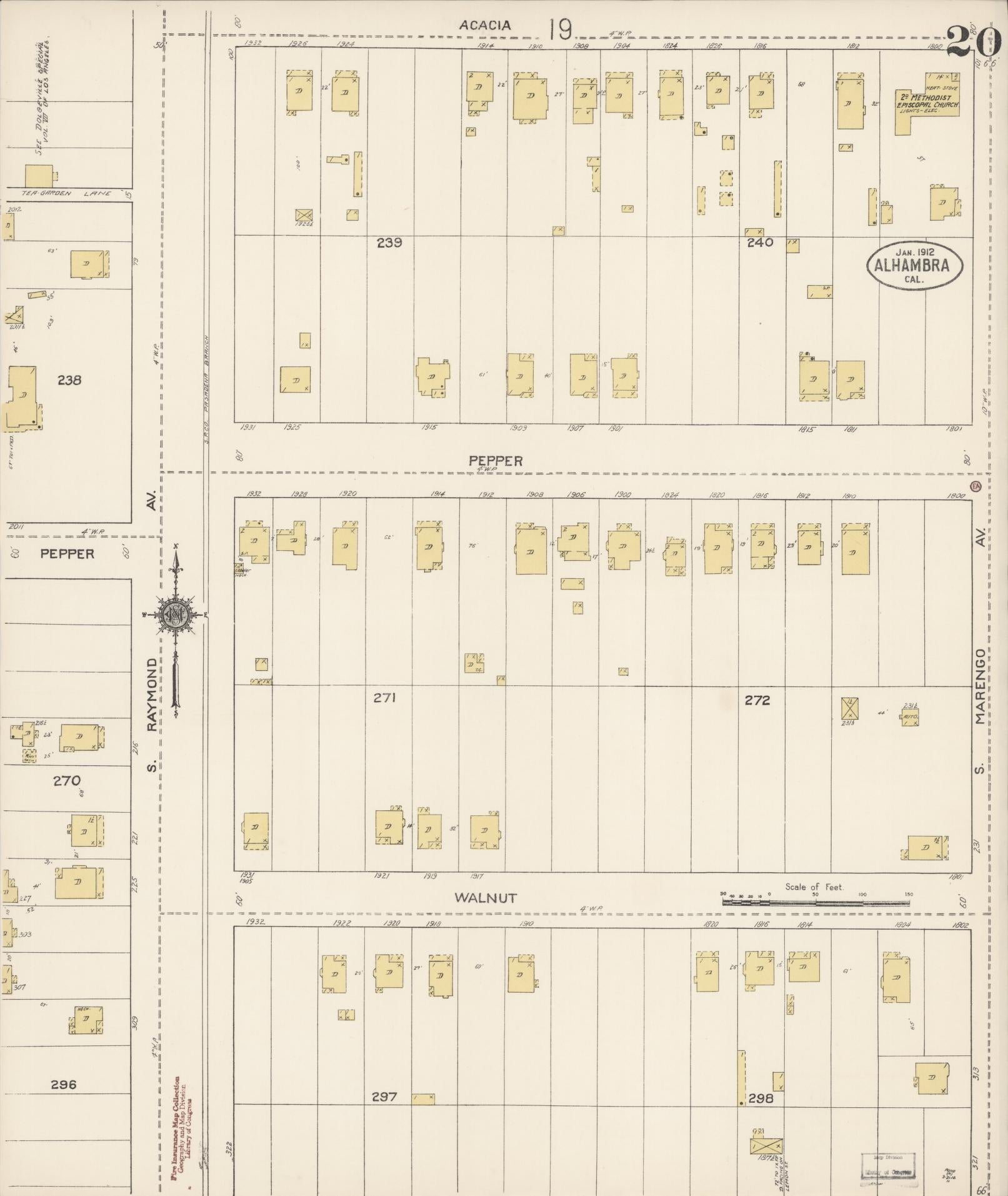 Sanborn Fire Insurance Map from Alhambra, Los Angeles County, California (1912), Sheet #0020 - Historic Sanborn Fire Insurance Map Print, vintage old map wall art, antique decor, genealogy gift, California California map