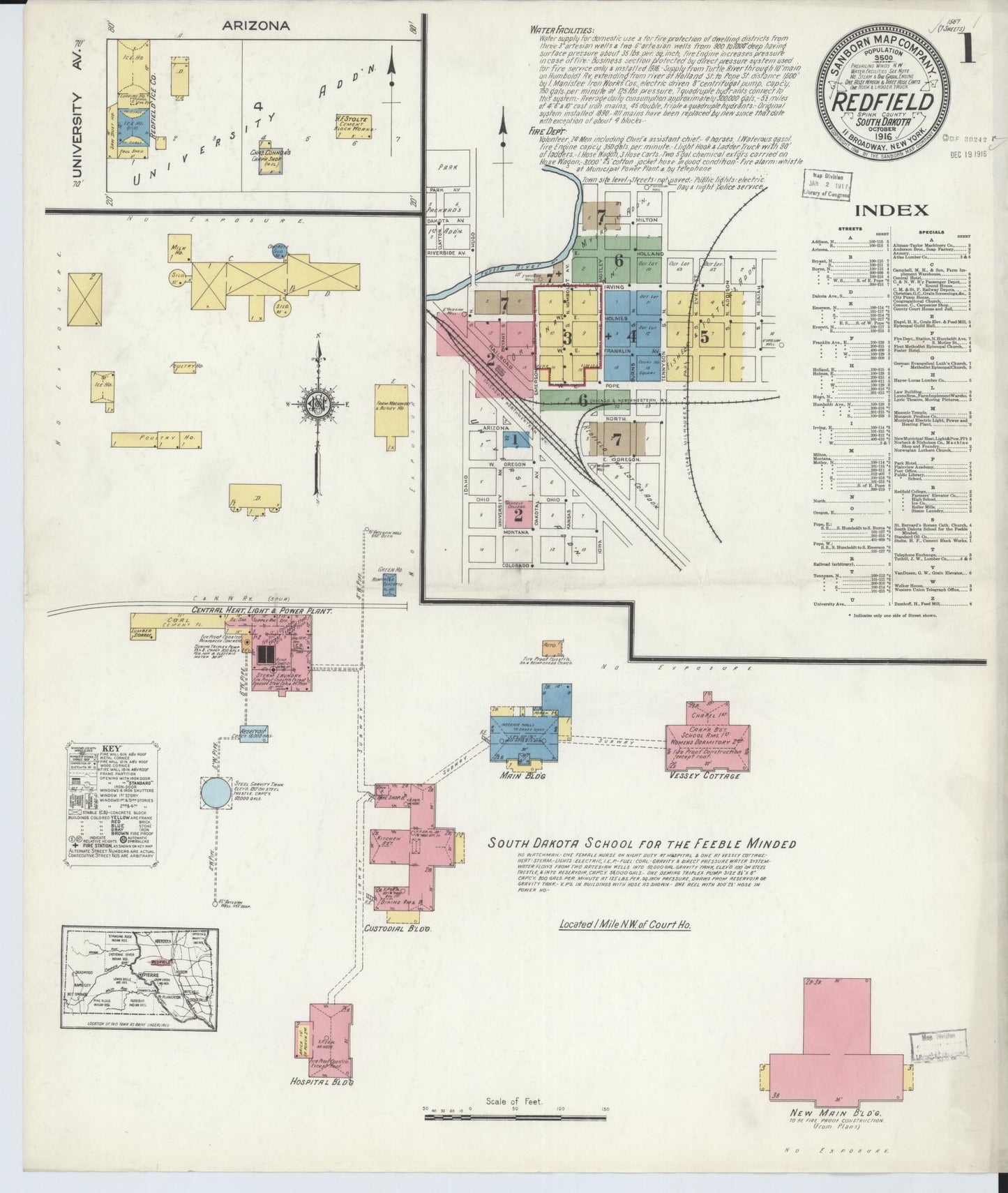 Sanborn Fire Insurance Map from Redfield, Spink County, South Dakota (1916), Sheet #0001 - Historic Sanborn Fire Insurance Map Print, vintage old map wall art, antique decor, genealogy gift, South Dakota South Dakota map