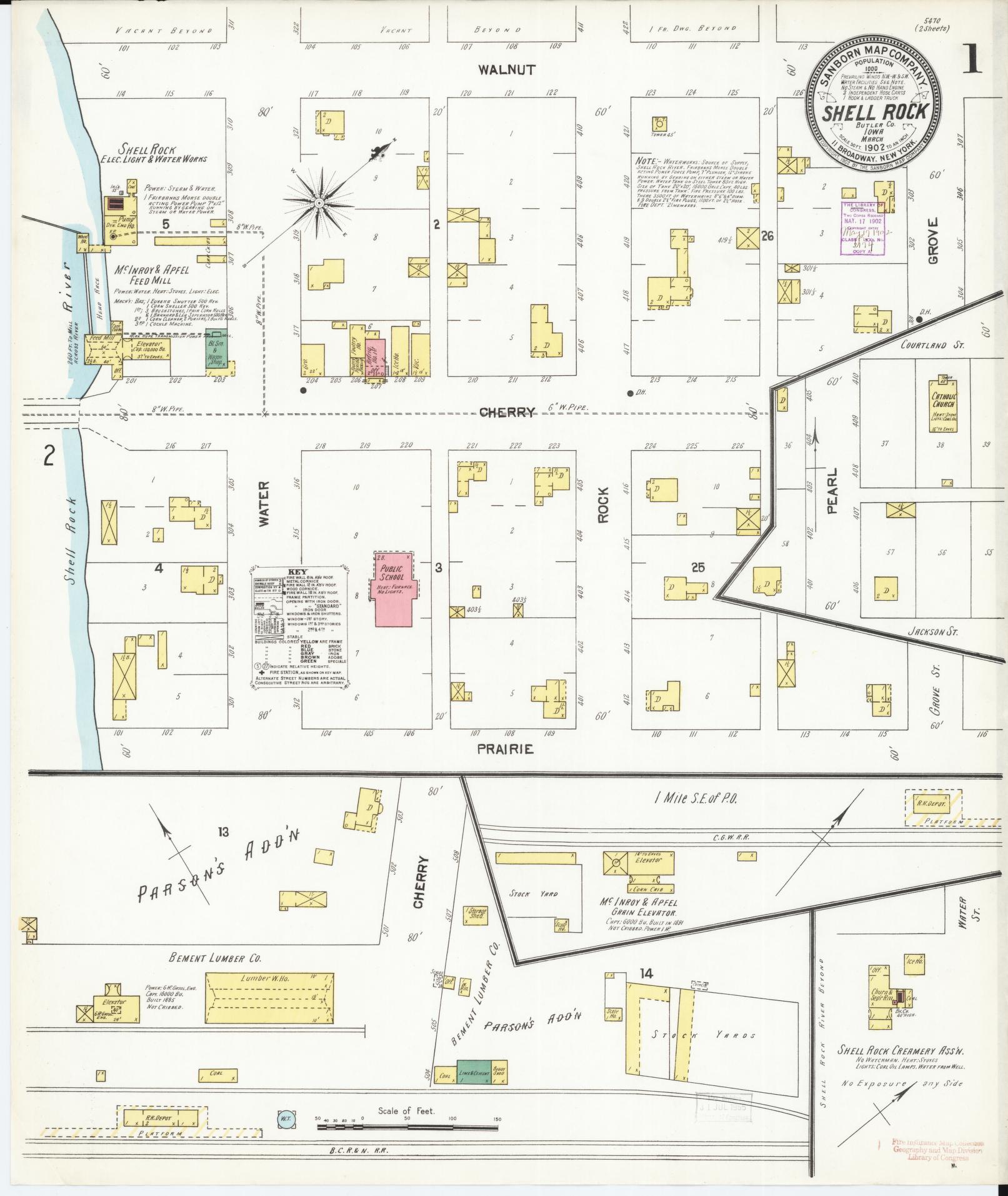Sanborn Fire Insurance Map from Shell Rock, Butler County, Iowa (1902), Sheet #0001 - Historic Sanborn Fire Insurance Map Print, vintage old map wall art