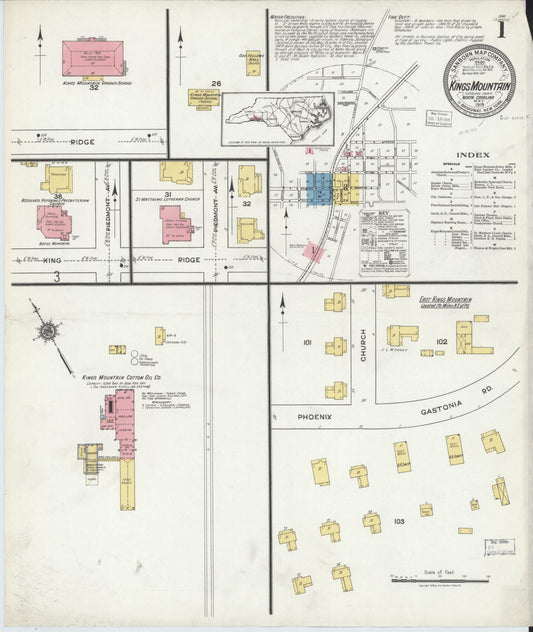 Sanborn Fire Insurance Map from Kings Mountain, Cleveland County, North Carolina (1919), Sheet #0001 - Complete Map Set gallery image, historic Sanborn map, vintage wall art, North Carolina North Carolina