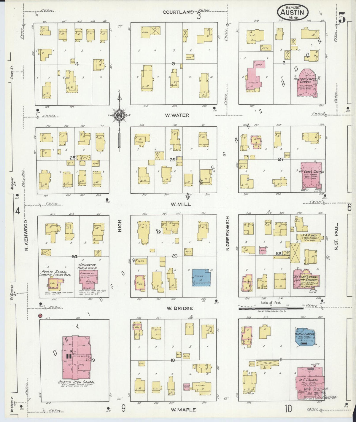 Sanborn Fire Insurance Map from Austin, Mower County, Minnesota (1917), Sheet #0005 - Historic Sanborn Fire Insurance Map Print, vintage old map wall art, antique decor, genealogy gift, Minnesota Minnesota map