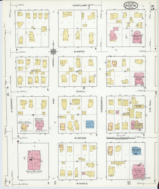 Sanborn Fire Insurance Map from Austin, Mower County, Minnesota (1917), Sheet #0005 - Historic Sanborn Fire Insurance Map Print, vintage old map wall art, antique decor, genealogy gift, Minnesota Minnesota map