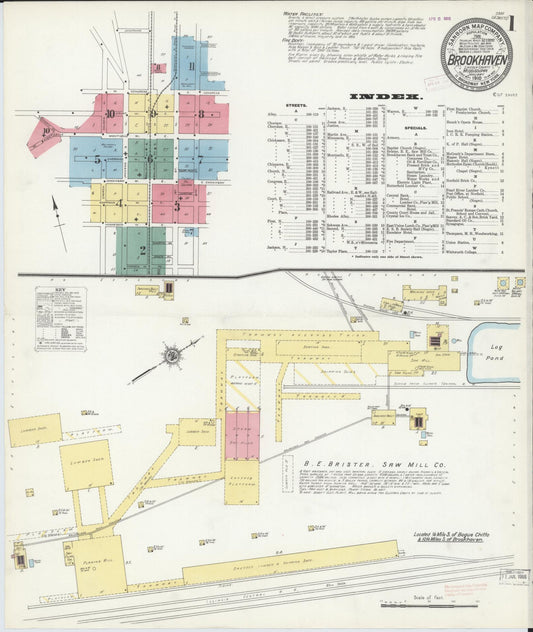 Sanborn Fire Insurance Map from Brookhaven, Lincoln County, Mississippi (1910), Sheet #0001 - Complete Map Set gallery image, historic Sanborn map, vintage wall art, Mississippi Mississippi