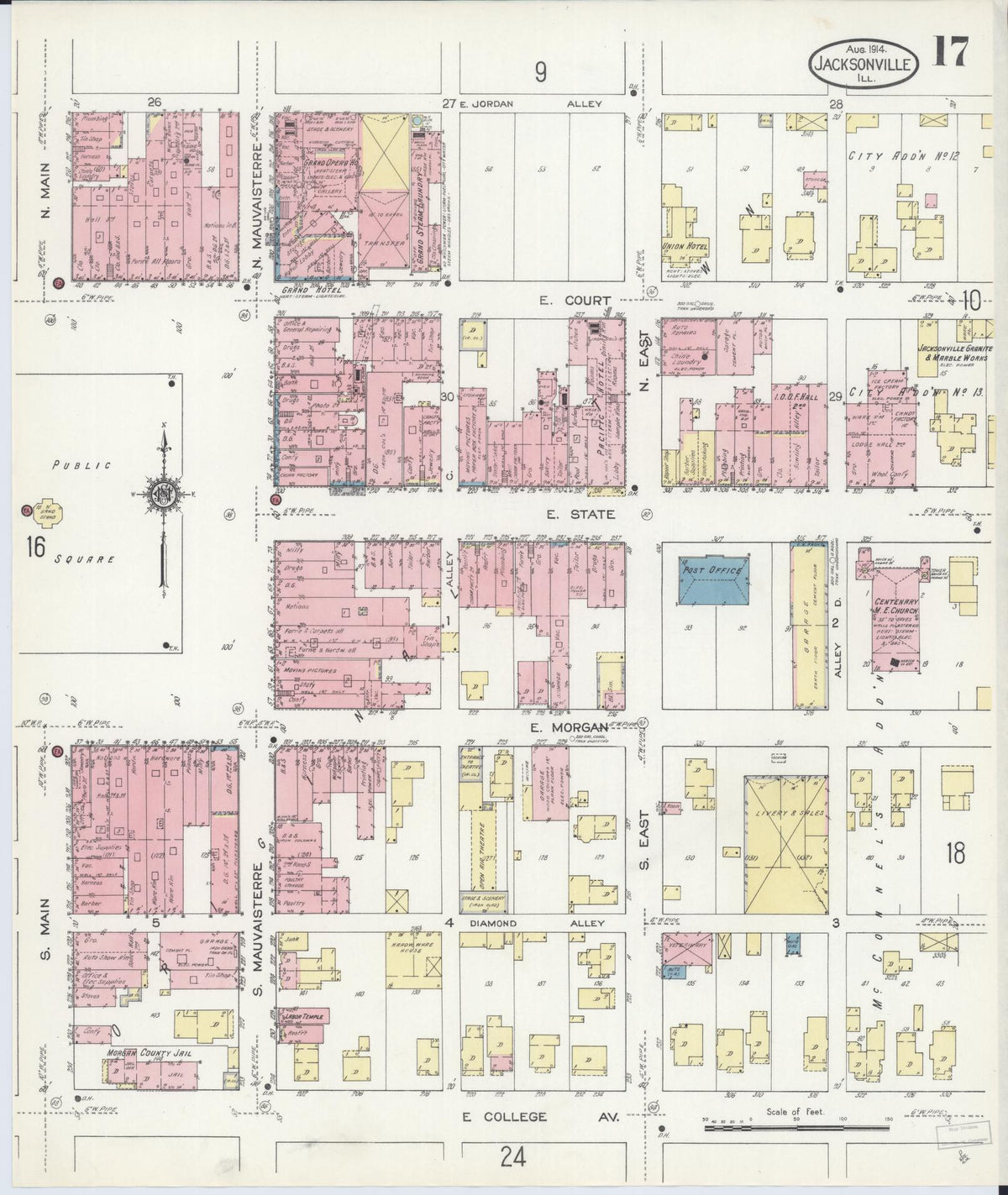 Sanborn Fire Insurance Map from Jacksonville, Morgan County, Illinois (1914), Sheet #0017 - Complete Map Set gallery image, historic Sanborn map, vintage wall art, Illinois Illinois