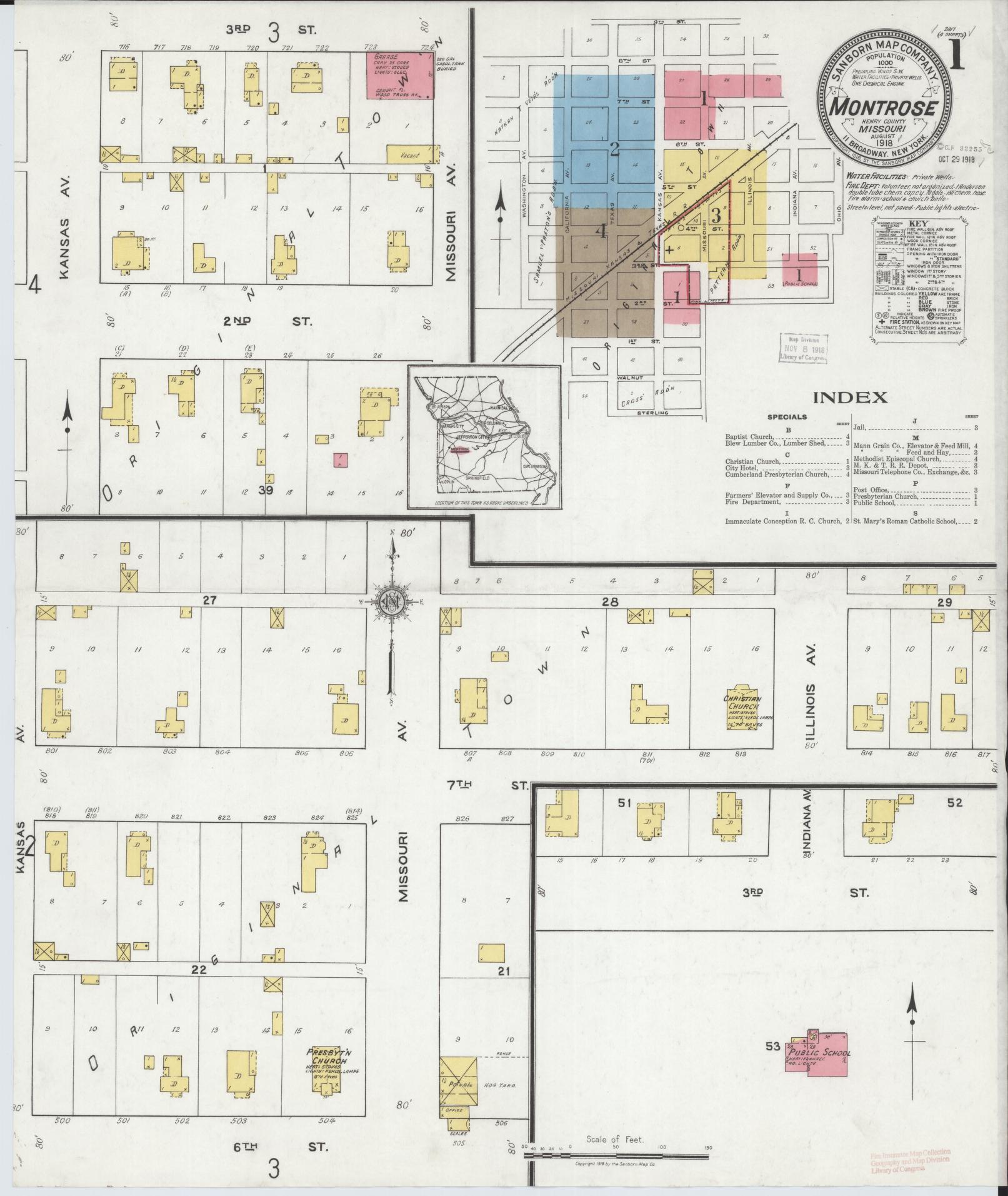 Sanborn Fire Insurance Map from Montrose, Henry County, Missouri (1918), Sheet #0001 - Complete Map Set gallery image, historic Sanborn map, vintage wall art, Missouri Missouri
