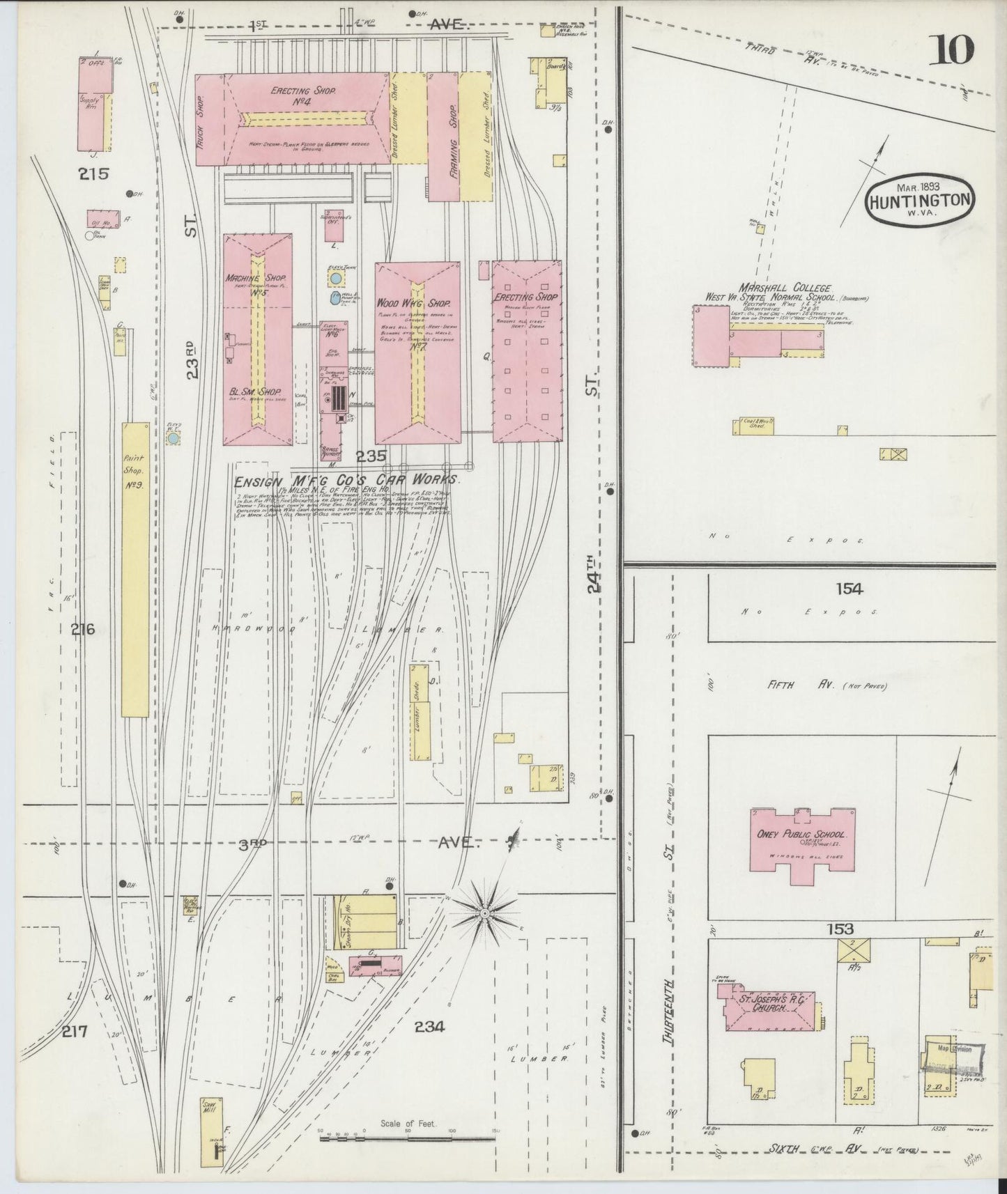 Sanborn Fire Insurance Map from Huntington, Cabell County, West Virginia (1893), Sheet #0010 - Historic Sanborn Fire Insurance Map Print, vintage old map wall art, antique decor, genealogy gift, West Virginia West Virginia map