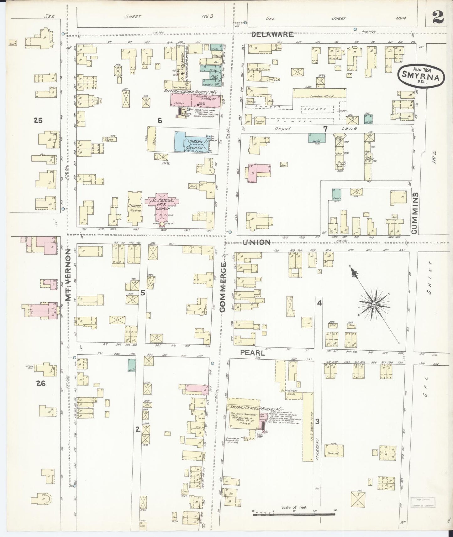 Sanborn Fire Insurance Map from Smyrna, Kent County, Delaware (1891), Sheet #0002 - Complete Map Set gallery image, historic Sanborn map, vintage wall art, Delaware Delaware