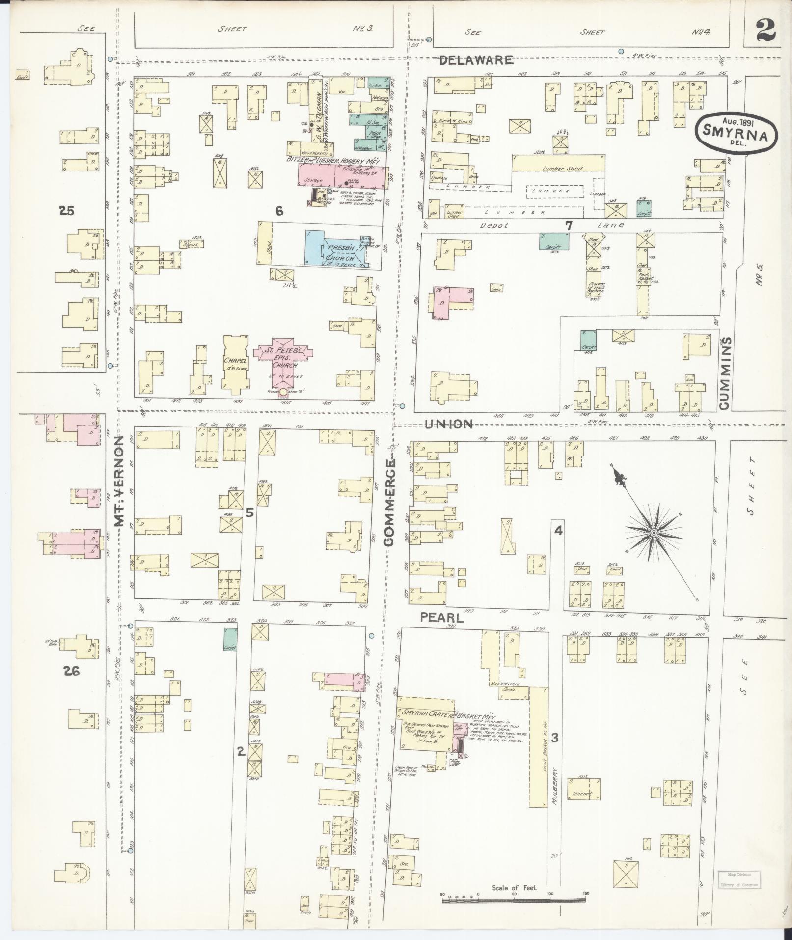 Sanborn Fire Insurance Map from Smyrna, Kent County, Delaware (1891), Sheet #0002 - Complete Map Set gallery image, historic Sanborn map, vintage wall art, Delaware Delaware